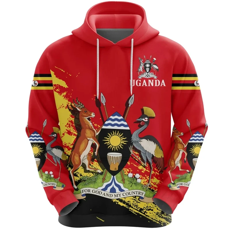 

African Clothing Uganda Flag Flag Graphic Hoodie For Men Ugandan National Emblem 3D Printing Casual Sportswear Street Pullovers