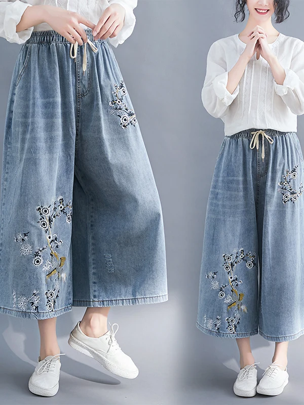 

Embroidered Casual Loose Women's Jeans plus Size Summer 2026 Slimming Wide Leg Pants Trendy High Waist Light Blue Denim