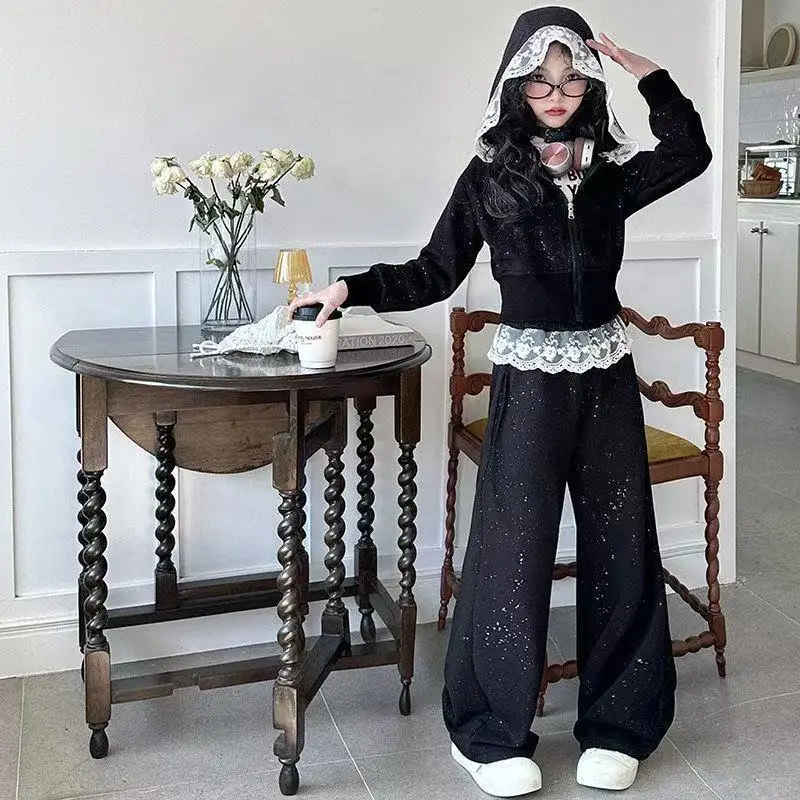2026 Spring Girls Clothes Children Suit Teenager Lace Zipped Jacket Narrow Hooded Crop Top + Wide leg Pants 4 5 8 10 11 12 Year