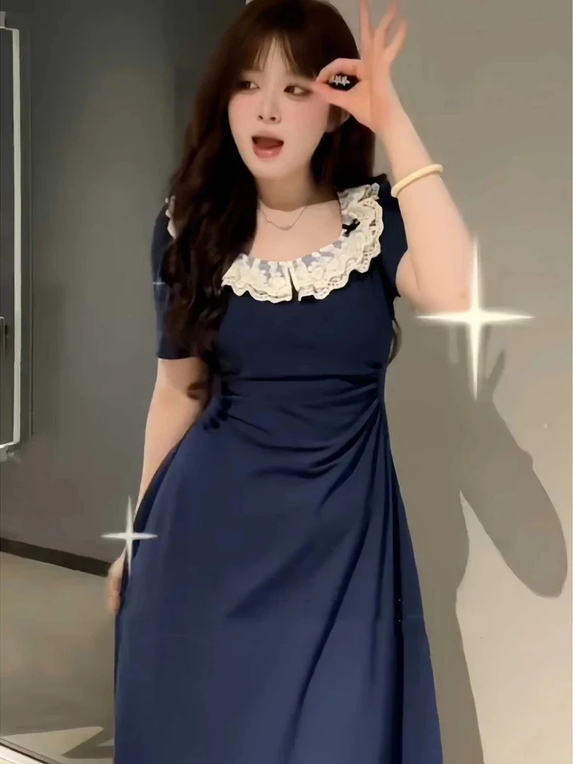 

plus Size Women's Square Neck Lace Splicing Hollow out Dress Summer Slimming Skirt Korean Style Loose Fit Short Sleeve Midi D...