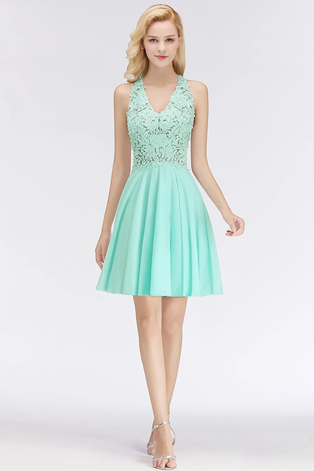 A Line Chiffon Elegant Pearls Decorated Mint Green Lace Cocktail Dresses Sexy Illusion Ruched Formal Party Prom Gowns Vestidos