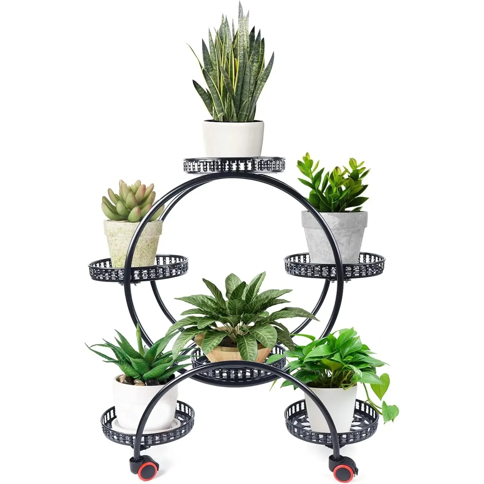 

Metal Planter, Flower Stand, Flower Stairs with Wheels, Metal Plant Stand with 6 Levels for Yard Decoration, Garden