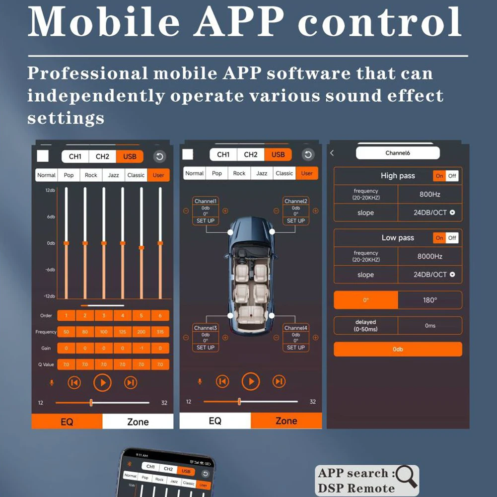 4x50 واط سيارة DSP معالج الصوت الرقمي دعم APP التحكم DSP سيارة مكبر كهربائي سيارة DSP مكبر للصوت لتعزيز صوت السيارة