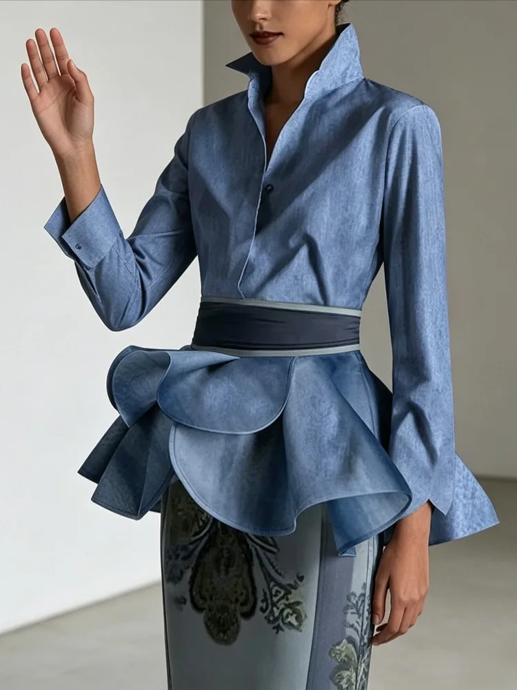 Modigirl Women‘s Vintage Blue Blouses 2024 Autumn Buttoned Ruffled Lapel with Belted Class Long Sleeves Shirts Tops for Women