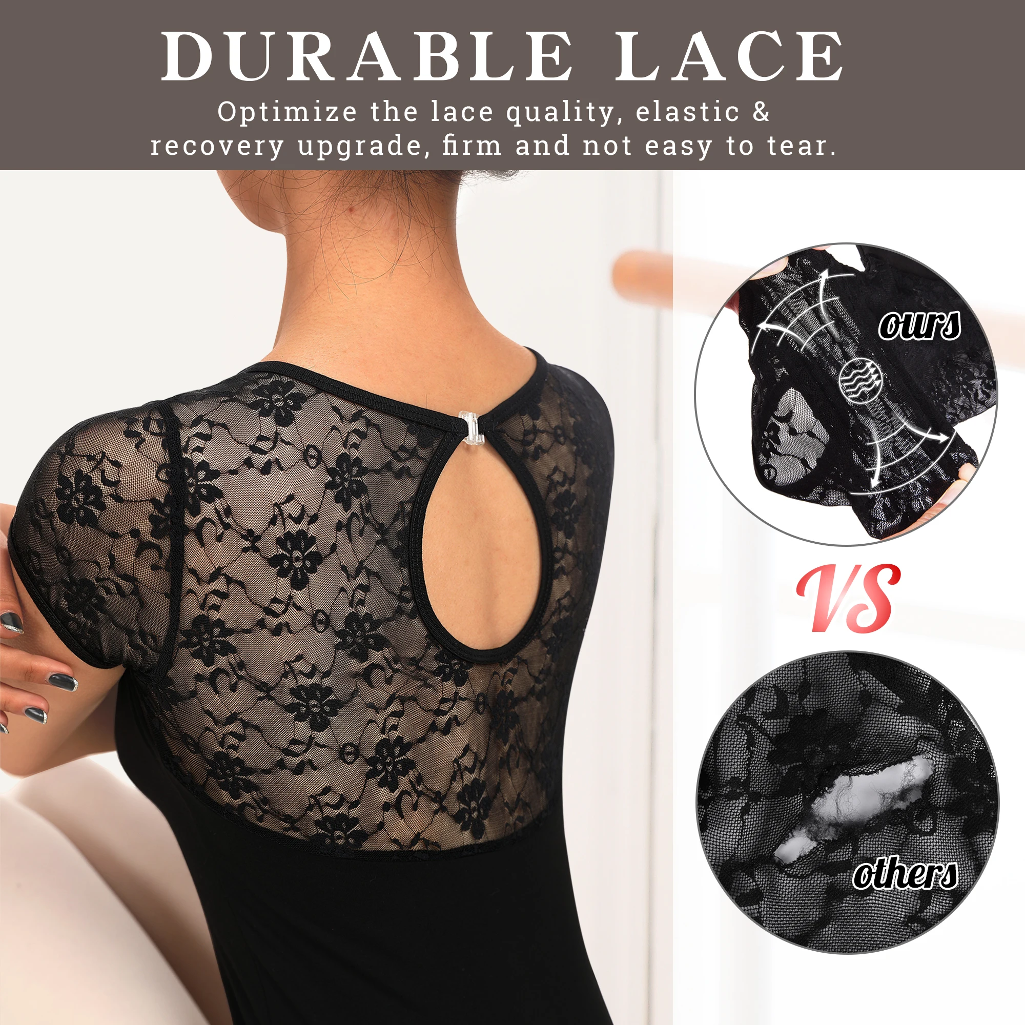 Women Ballet Lace Short Sleeve Dance Leotard Tank,Water-drop Hollow Back Dancewear