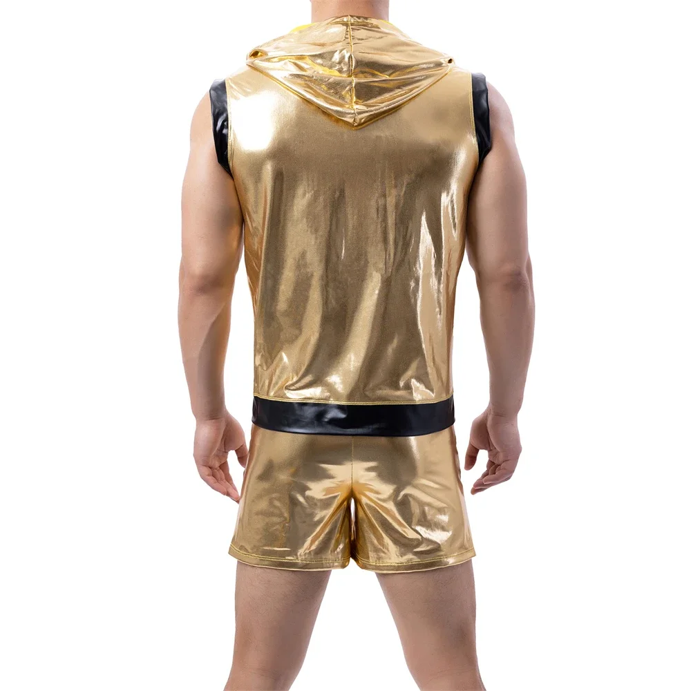 Sexy Shiny Mens Clothes Set Faux Leather Tank Tops Zipper Hooded Vest Sleeveless T-shirt + Stage Dance Shorts Suit Male Clubwear