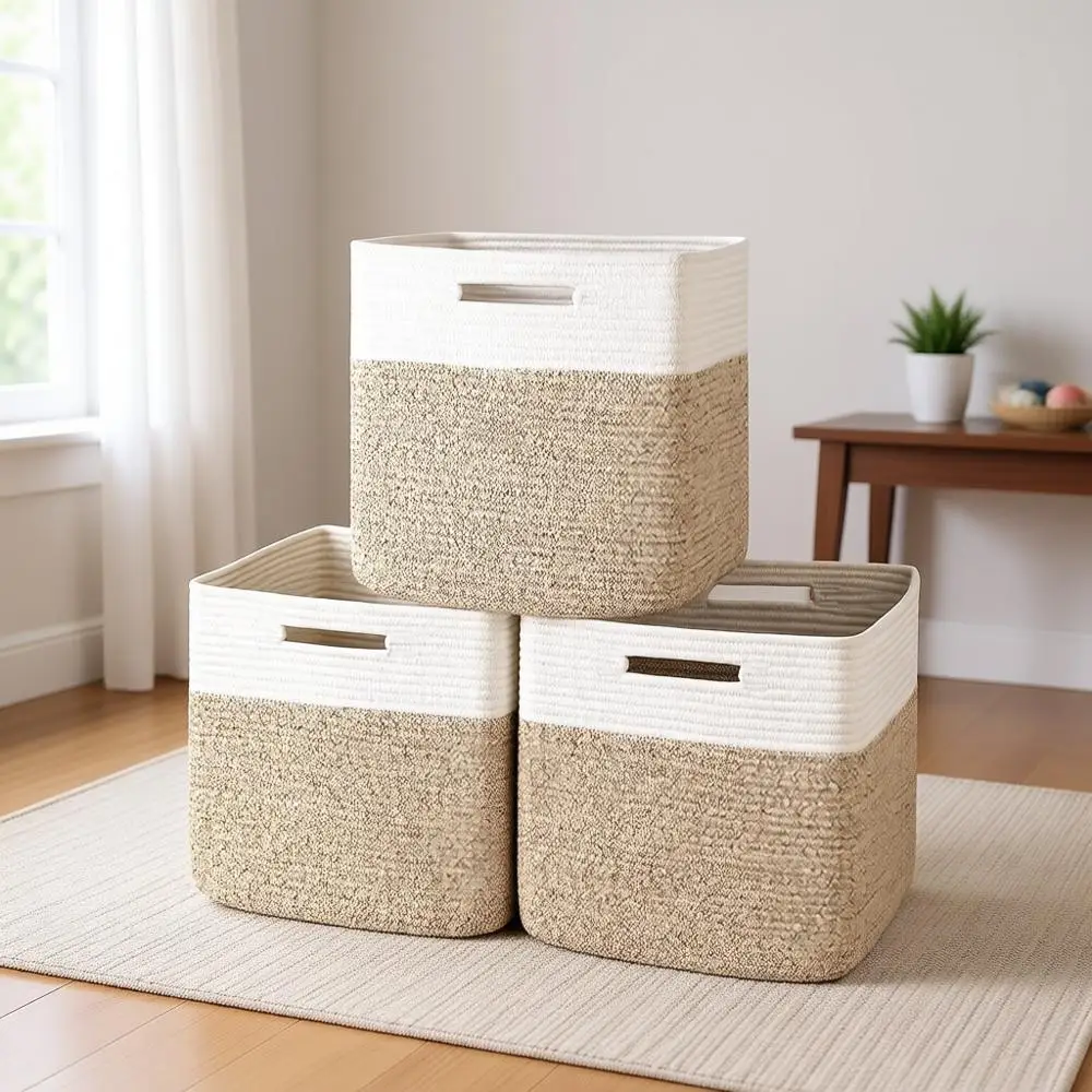 

13 Cube Storage Bins, 3-Pack Cotton Rope Baskets, Organizer for Nursery, Closet, 13x13x12.6IN, Brown & White