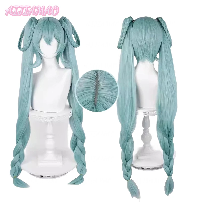 Miku x Start Flowers Cosplay Wig 95cm Long Braided Ponytails Mixed Green Hair Straight Pigtail Virtual Idol Vtuber Headwear