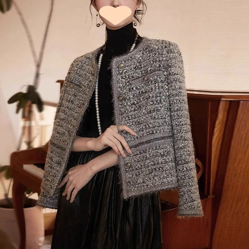 

Women's Light Luxury Thin Tweed Short Coat Heavy Indg Autumn New Temperament Cottoustry Woven Small Fragrant Wind Top for Spring