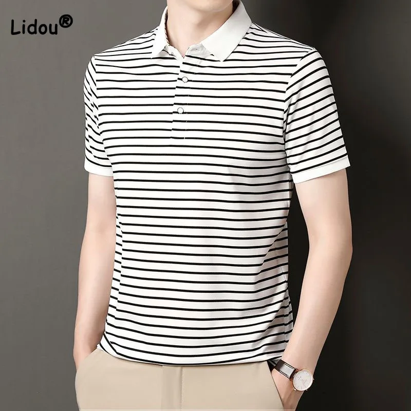 Chemise à col polo imprimé rayé pour hommes, t-shirt d\'affaires décontracté, manches courtes, vêtements confortables pour hommes, tendance de la