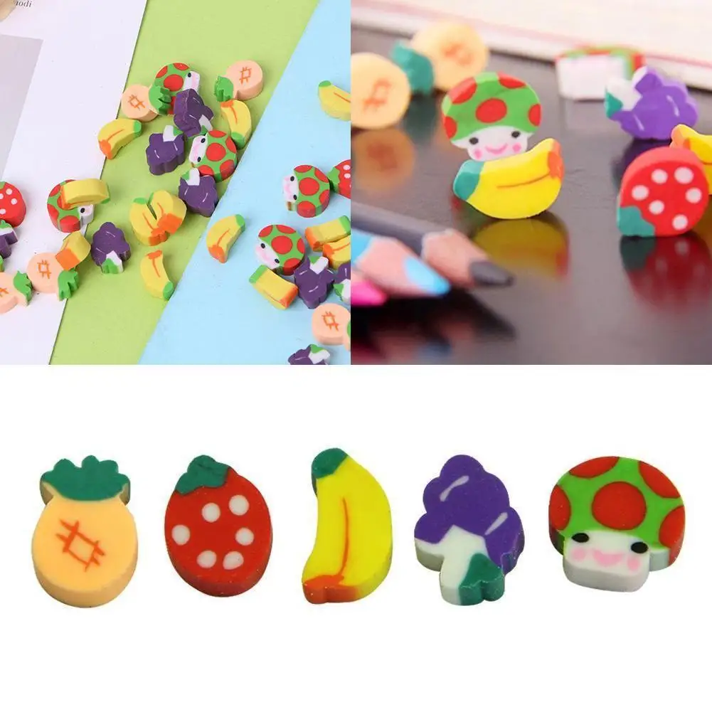 10/20/30/50Pcs Cute Cartoon Pencil Erasers Fruit Shape Rubber Kids School Correction Supplies Student Gift Random Color