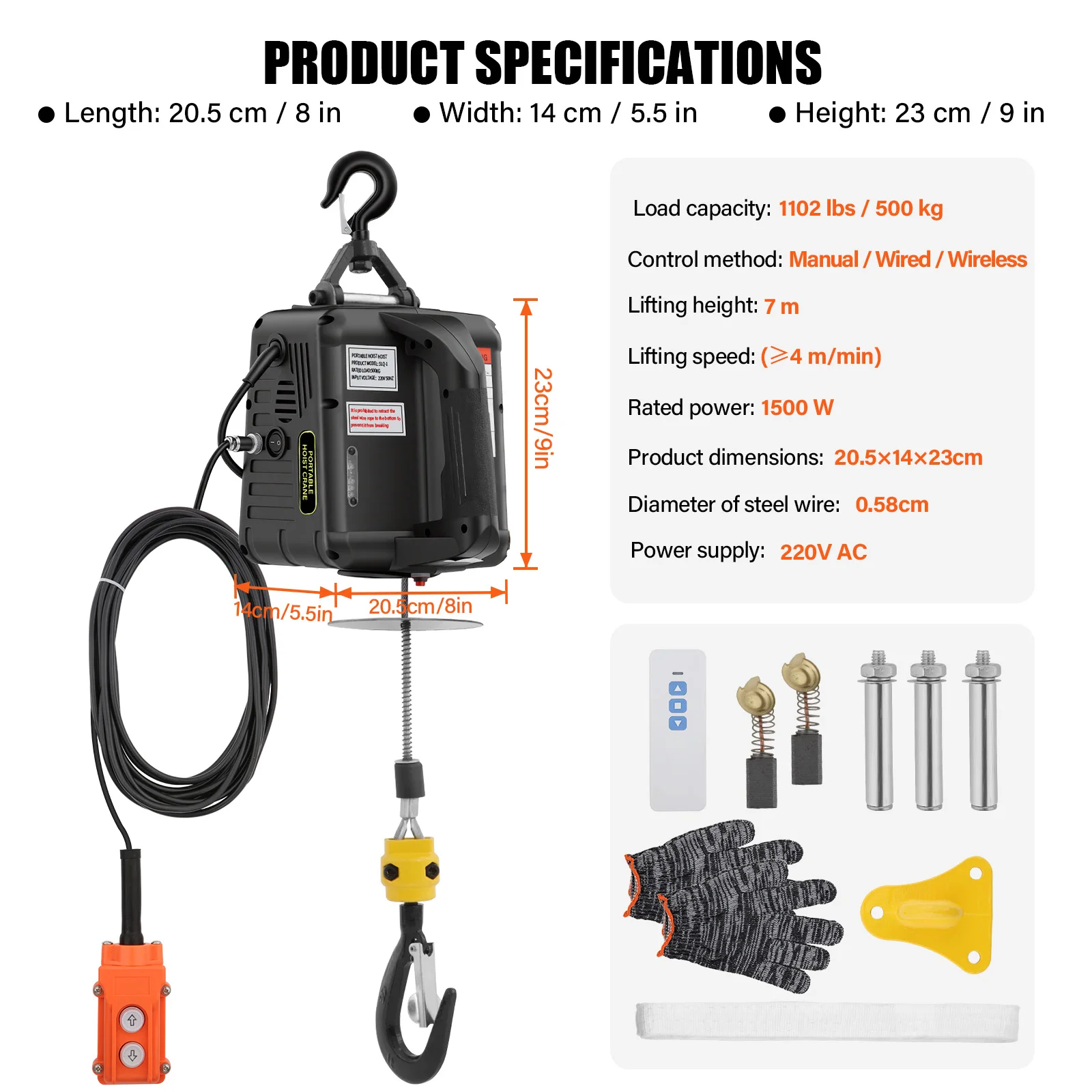 Elektrische takel 500kg 1500W, 7m 4m/min hijsvermogen, handmatige/kabelgebonden/draadloze bediening, 2/3 in 1, voor garage, opslagruimte & bedrijf