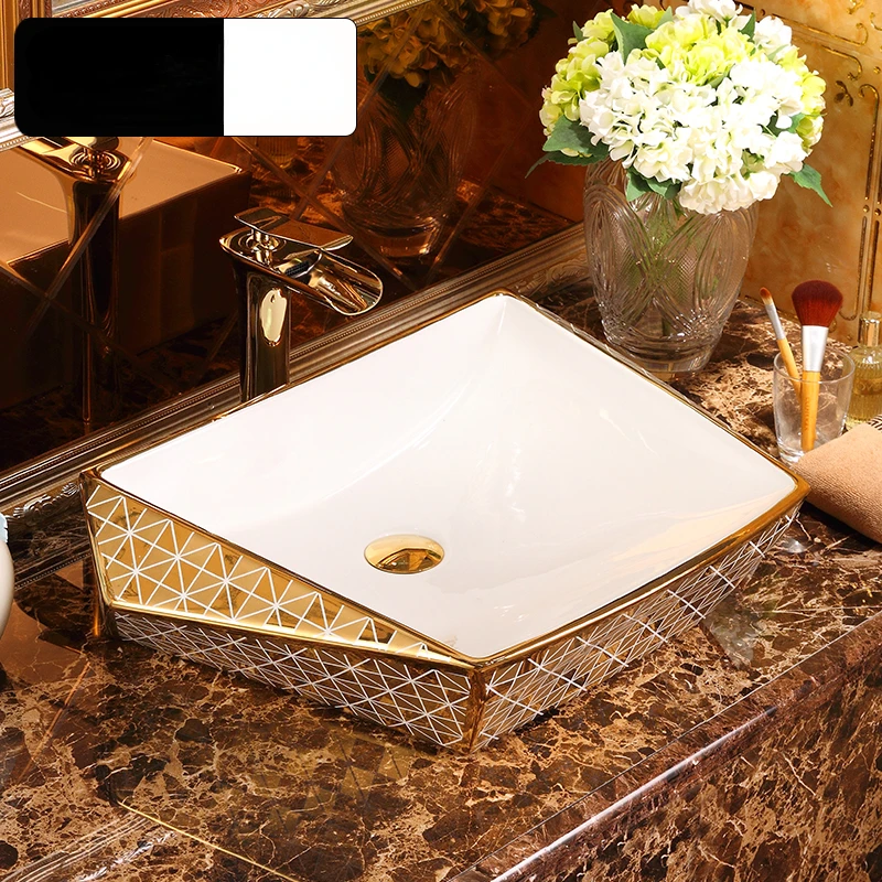 

European-Style Inter-Platform Basin Table Basin Gold Art Basin Ceramic Diamond Wash Basin Household Washbasin Wash Basin Sink