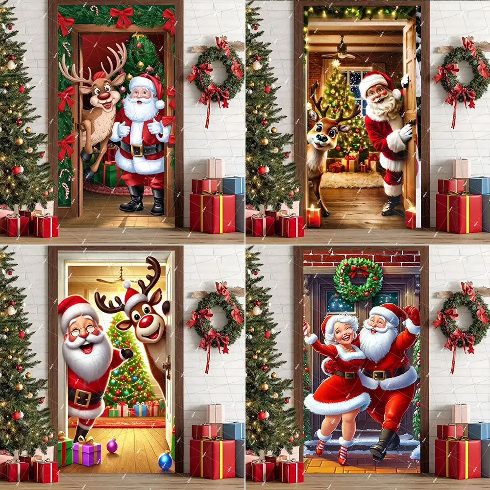 

Santa Claus Christmas Tree Puppy Snowman and Deer Door Cover Decor Backdrop Indoor Porch Banner Festive Holiday Party Supplies