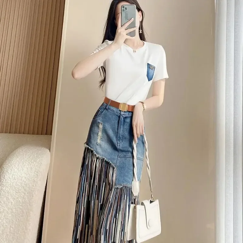 2 Pieces Sets for Women Denim Lightly Cooked Short Sleeve Skirt Formal Event Vintage Chic and Elegant New Matching Woman Outfit