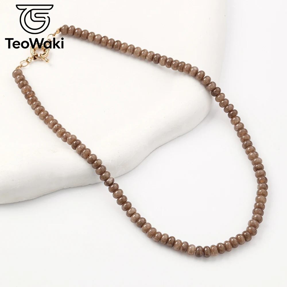 TeoWaki 4x6mm Rondelle Light Brown Jade Beaded Necklace Christmas New Year Present For Women Friend Holiday Party Accessory
