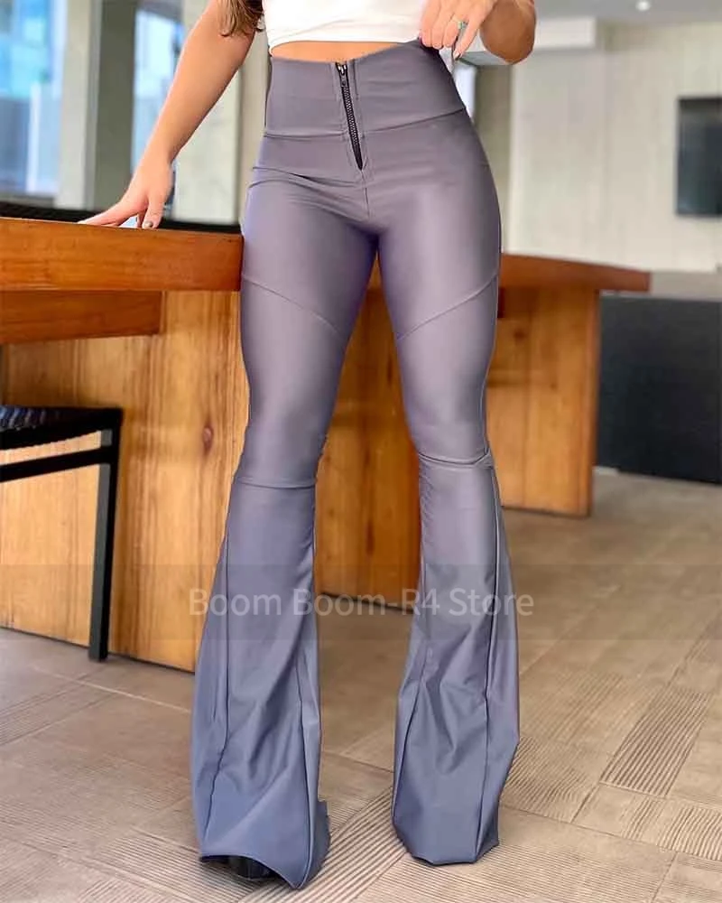 Zipper flared tights Fashion Black PU Leather Pants Women Mid Waist Skinny Push Up Leggings High Elasticity Pants Flared Trouser