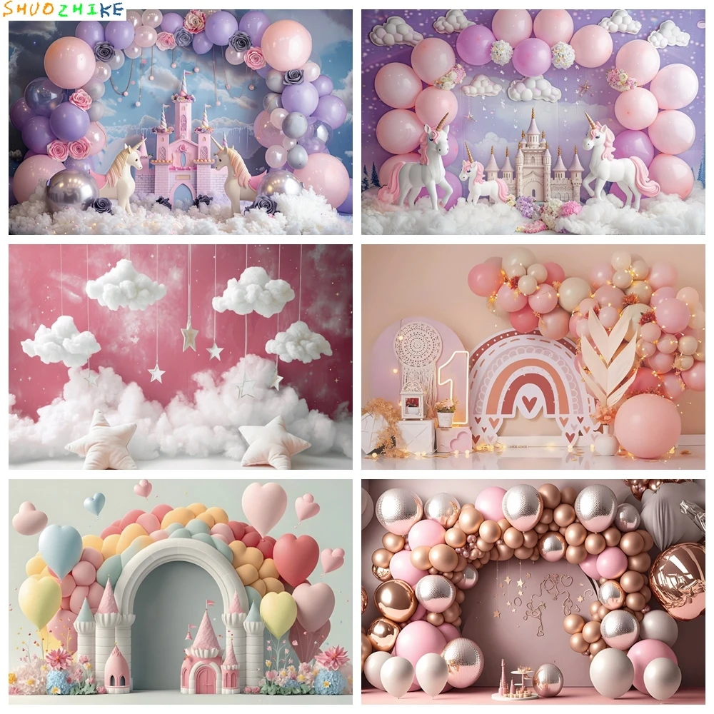 

Newborn Baby 1st Birthday Backdrop Cake Smash Girl Boy Pink Blue Balloon Tent Flower Room Interior Photography Background Props