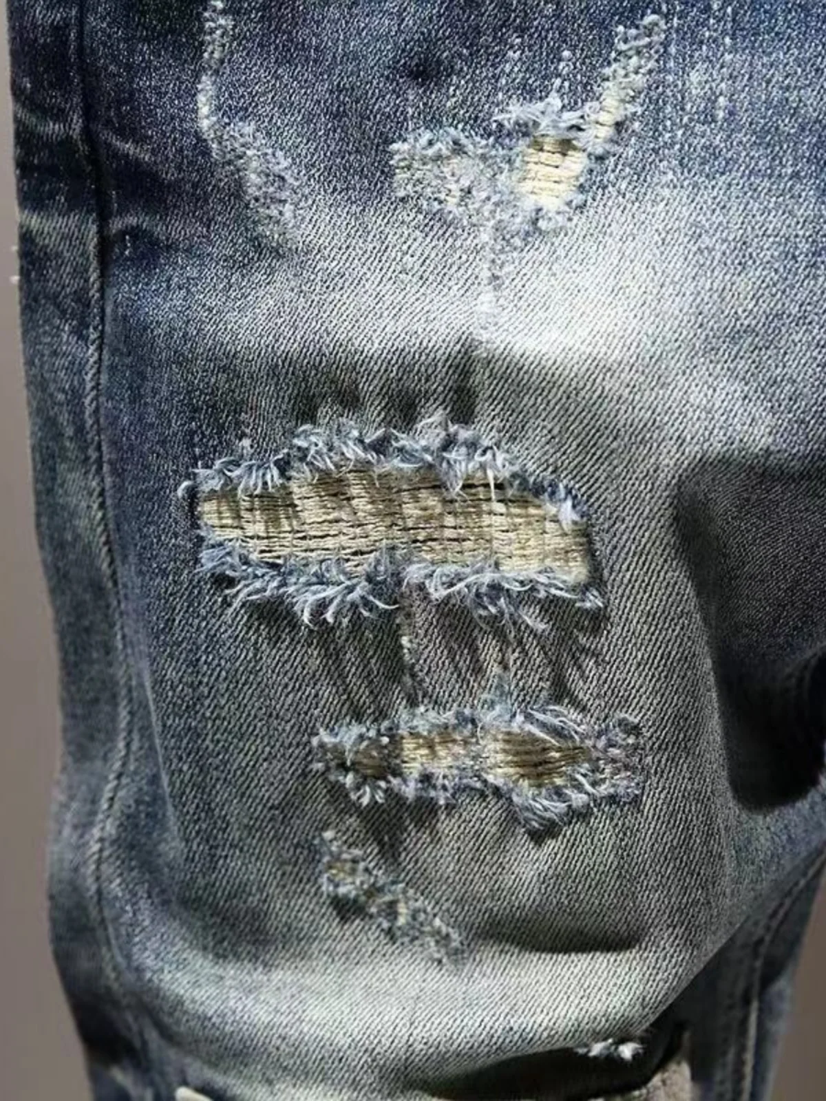 アメリカンレトロパッチワークホールデニムジーンズメンズトレンディブランドHaomeスリムフィット小足弾性ロングパンツ韓国版