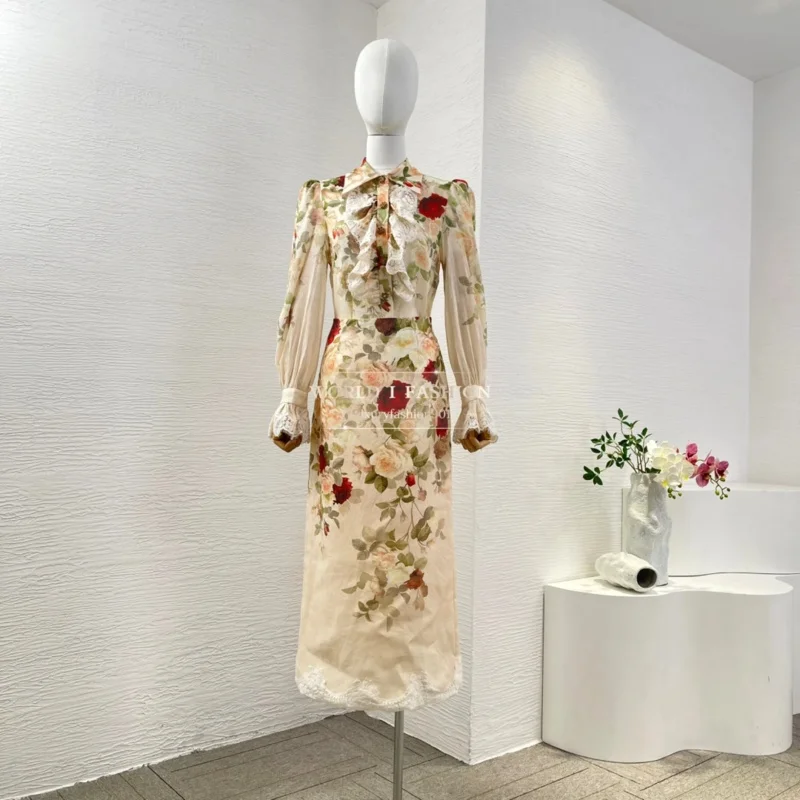 

Floral Print Lace Patchwork Vintage Full Sleeve Blouse and Ramie Midi Skirt Women set