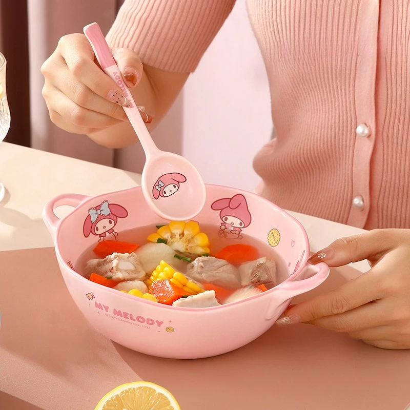 

Hello Kitty Baby Stuff Baby Feeding Bowl Non Slip Microwave Safe Baby Tableware Handle Ceramic Material Cartoon Sanrio Print