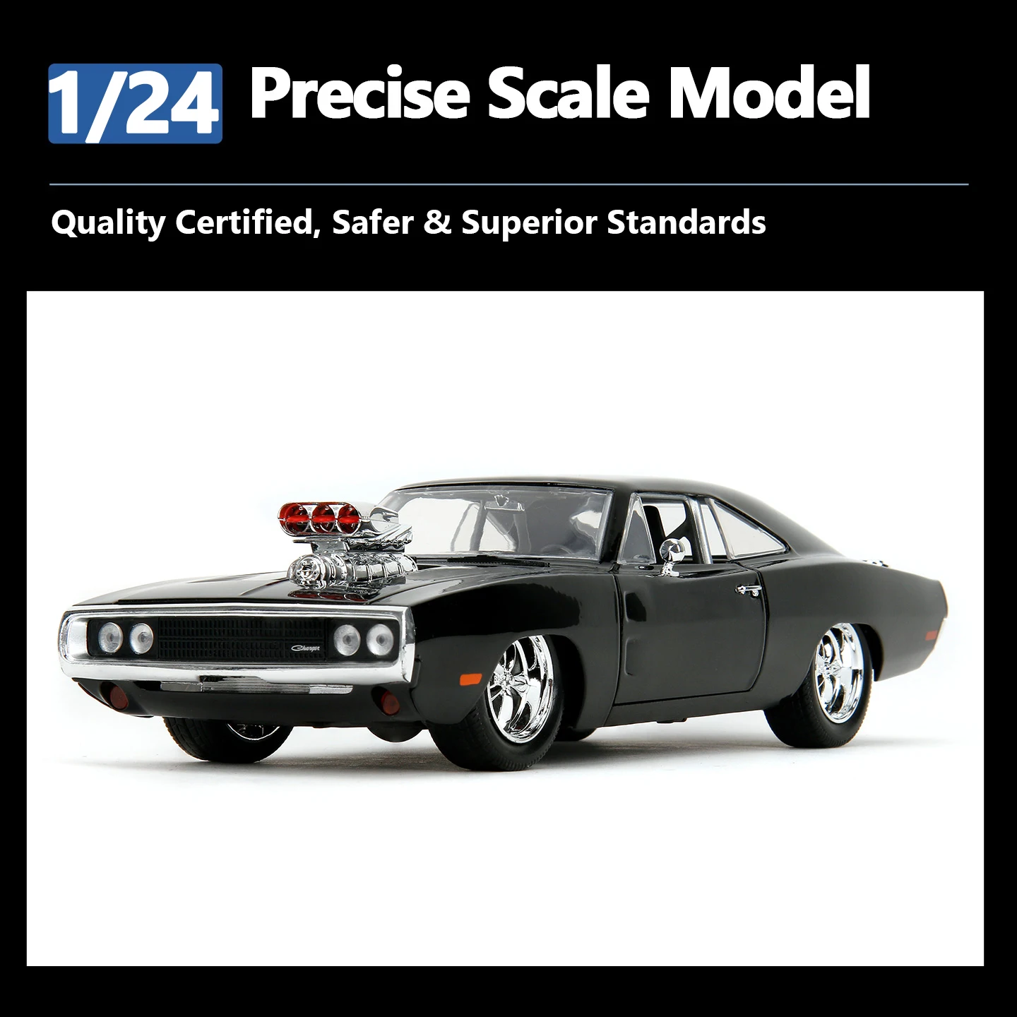 JADA 1:24 Fast & Furious 1970 Dodge Charger Dom's Die-Cast Model - Iconic Black Charger with Collectible Dom Figure JD35907 view 3