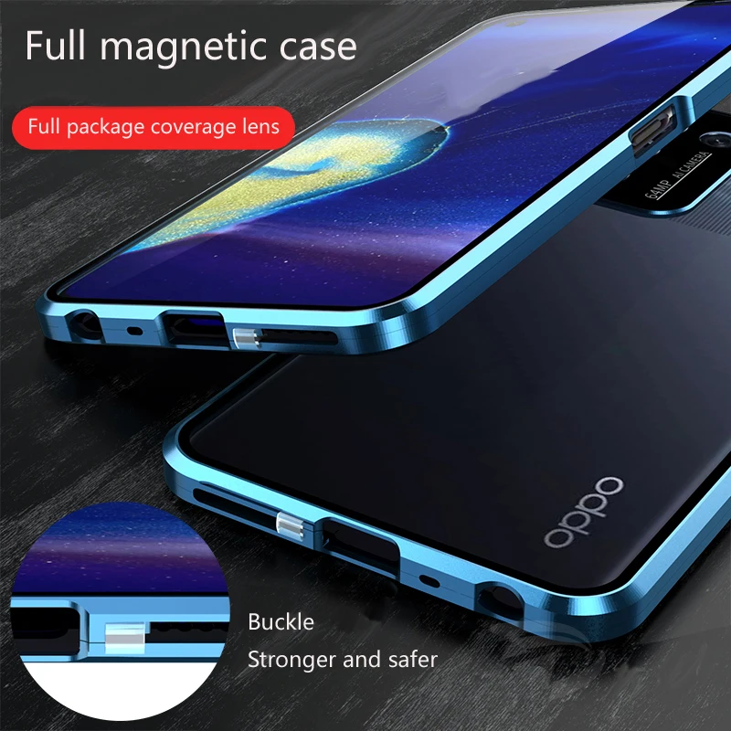 

Metal Magnetic Double-sided Tempered Glass Snap Lock Case For OPPO Reno 12 F 11F 10 Pro Plus 5G Full Lens Protection Cover Cases