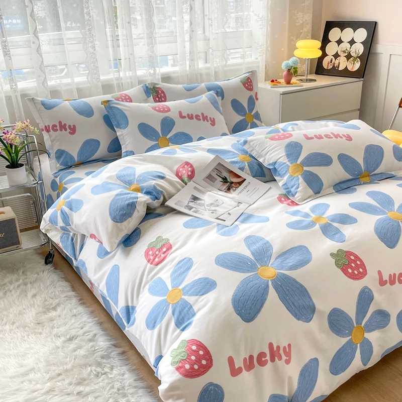 Blue Flowers Duvet Cover Floral Design Decorative Cotton Bedding Set Soft Breathable Comforter Cover for Guest Bedroom and Dorm