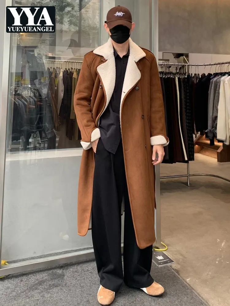 Winter Mens Double Breasted Loose Fit Straight Long Trench Coat Thick Warm Faux Fur Lining Overcoat Adjustable Waist Windbreaker