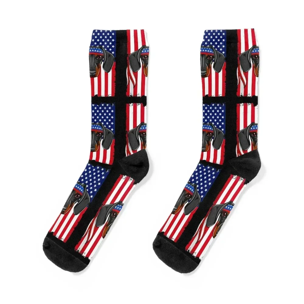 Dachshund Dog American Flag Patriotic 4th of July Socks Non-slip floral Ladies Socks Men's