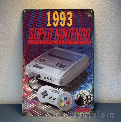 ملصق معدني لألعاب الفيديو Super 1993 Ad Retro - 20 × 30 سم () لافتة ألومنيوم