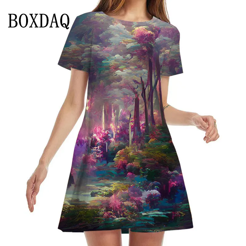 Tie Dye Gradient Print Painting Women's Dress Vintage Short Sleeve A-Line Dress Oversized Loose Ladies Summer Clothing Vestidos