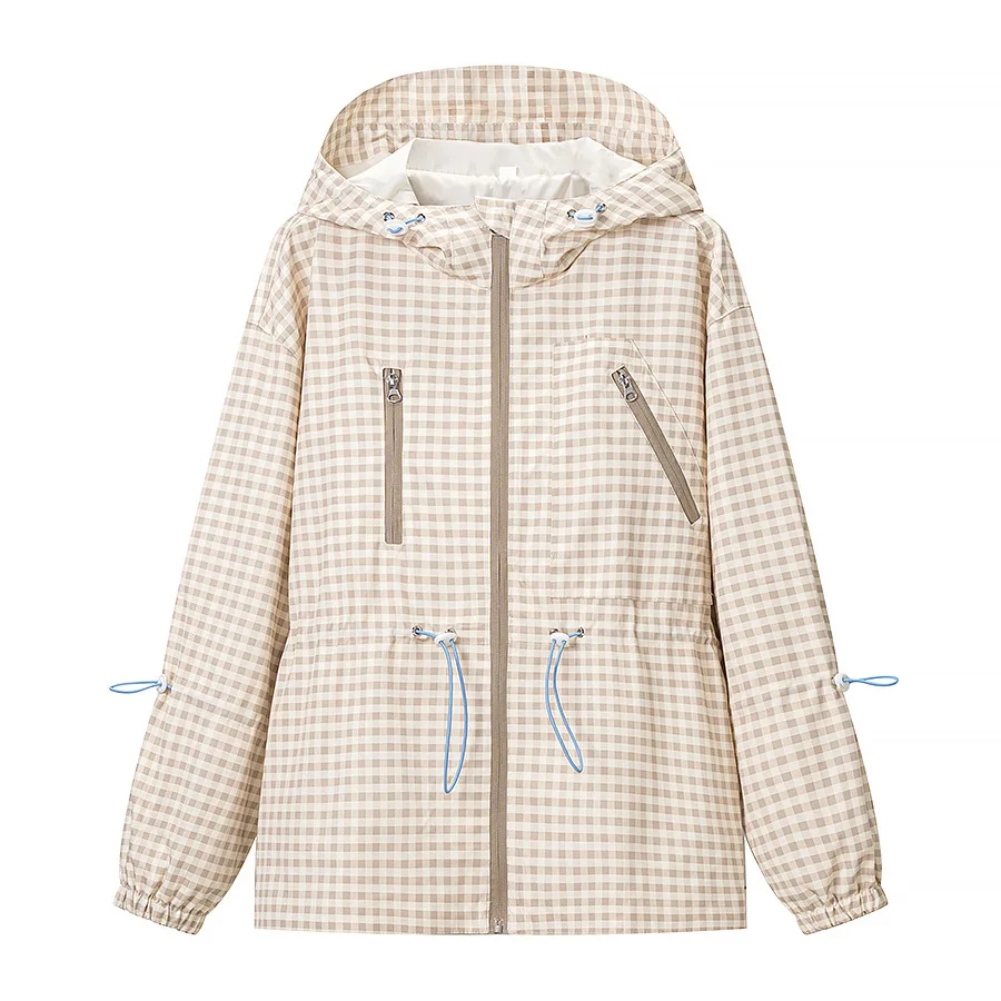 Gingham Plaid Hooded Jacket Drawstring Waist Zip Pockets Elastic Cuff Lightweight Loose Casual Outdoor Women Trench Coat 260602