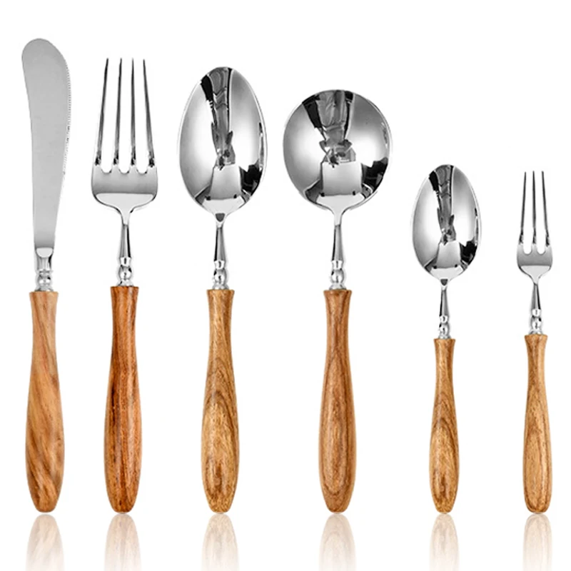 24Pcs Cutlery Se,High-end Wooden Handle Tableware Set,304 Stainless Steel Metal Head, Easy to Clean,Flatware Set