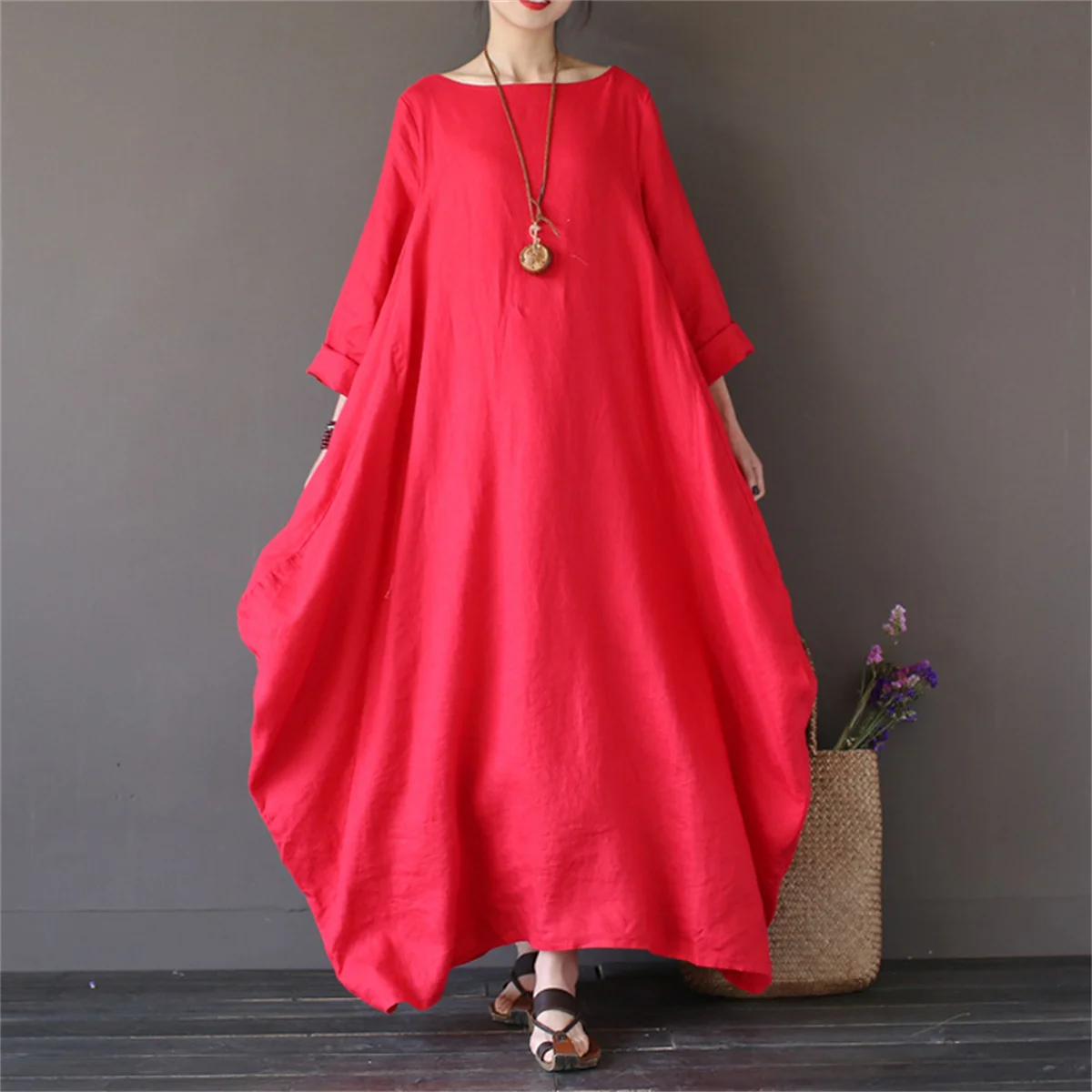 Women O-neck Loose Dresses Solid Color Seven Point Sleeve Casual Vestodis A-line Plus Size Elegant Fashion Commute Maxi Robe