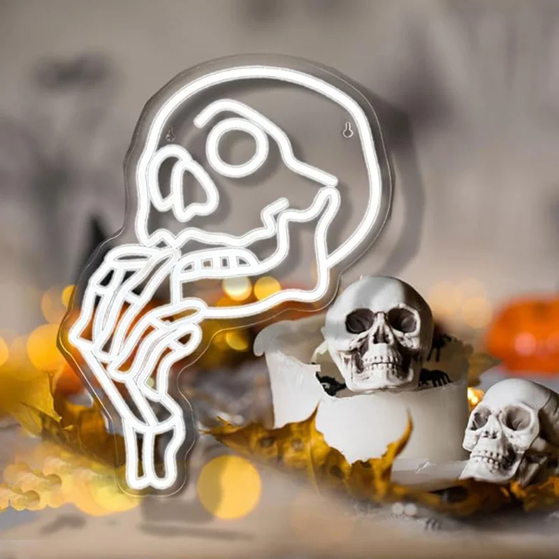 

Halloween Skull Neon Sign White LED Skull Light Sign for Wall Decor Neon Lights Cool Neon Sign for Halloween Bedroom Bar Party
