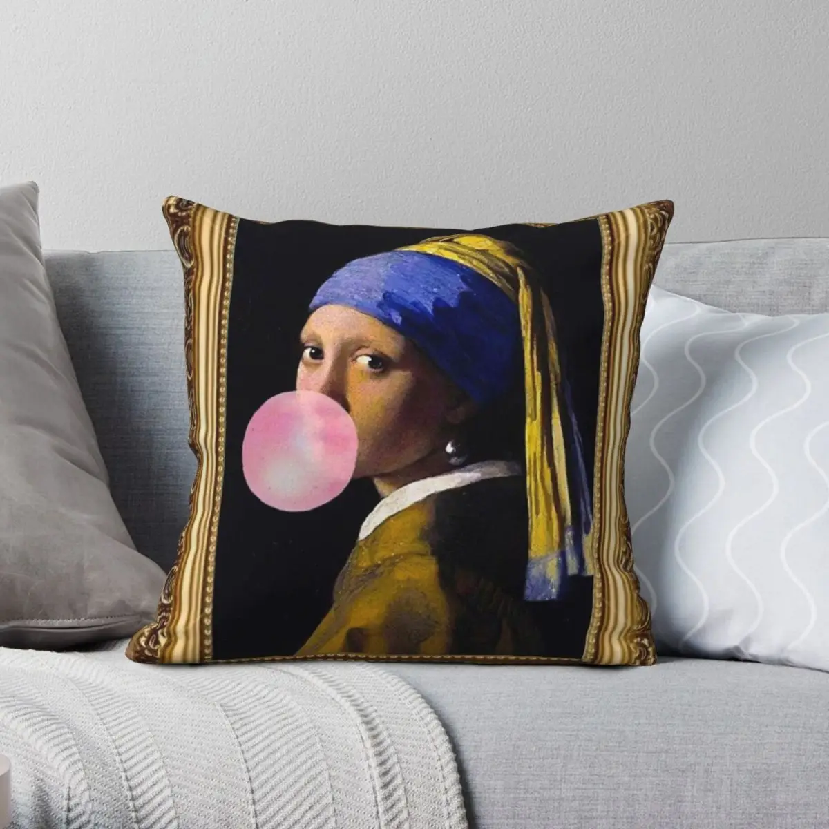 Girl With A Pearl Earring With Bubble Square Pillowcase Polyester Linen Velvet Printed Zip Decorative Sofa Seater Cushion Cover