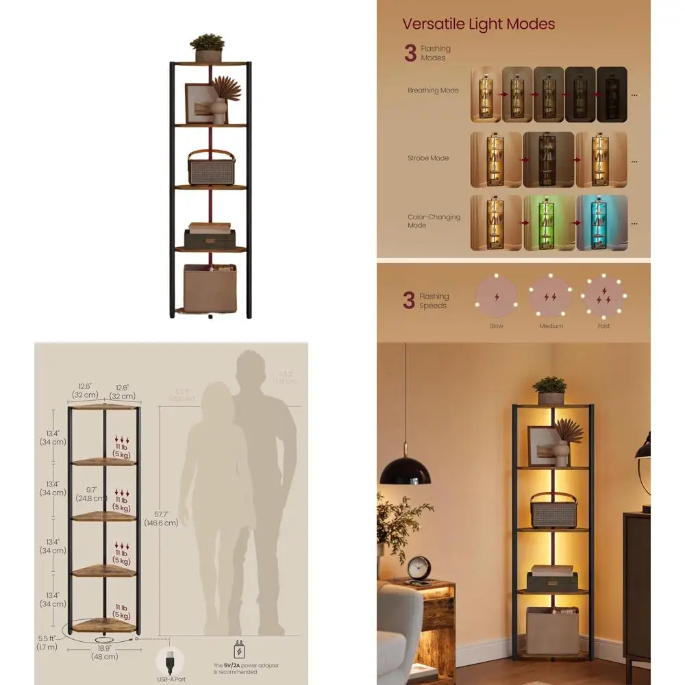 

5-уровневая книжная полка со светодиодной подсветкой, стальные стеллажи для хранения, 9,8x18,9x57,7 дюймов, подходит для гостиной, спальни, кабинета, цвет: деревенский коричневый