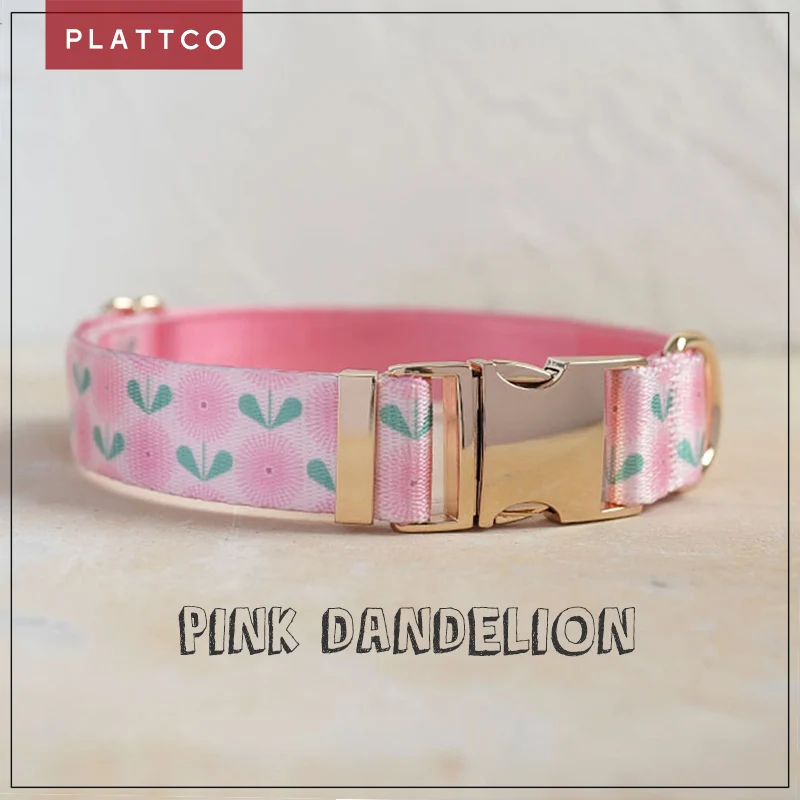 PLATTCO unique design dog collar print Pink Dandelion pattern with high quality light color zinc alloy buckle 5 size PDC356G