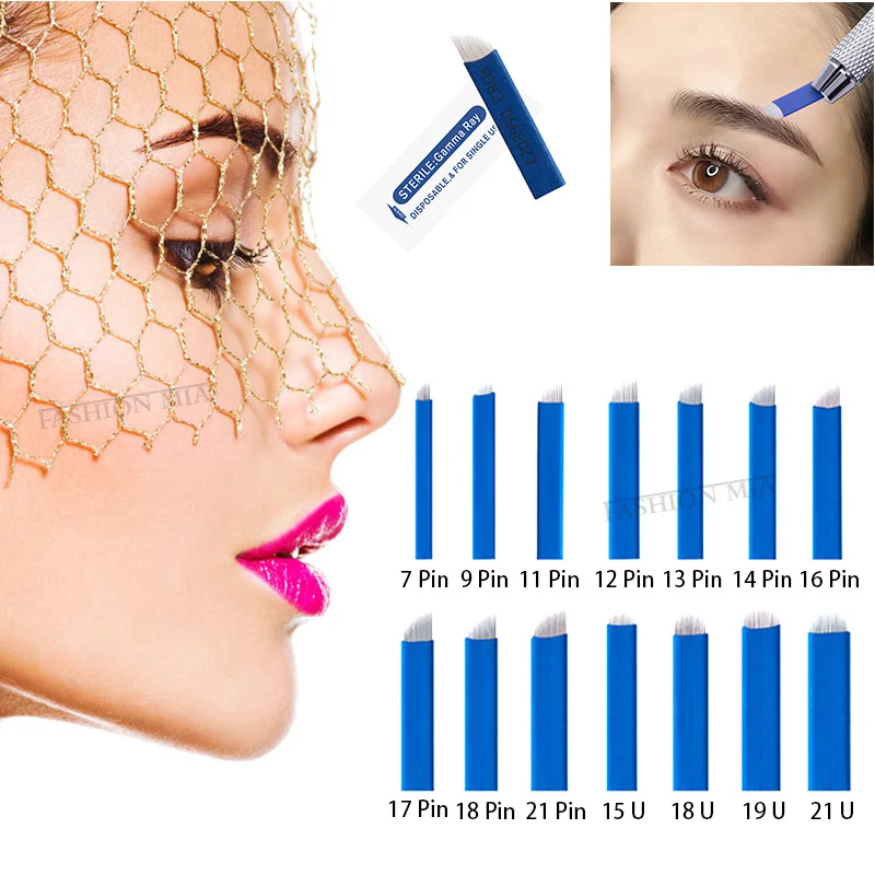 Agulhas de microblading 7 9 12 14 15 16 18 21 pinos, 50 peças, agulhas de 0.18mm para suprimentos de maquiagem permanente, lâminas manuais de sobrancelha