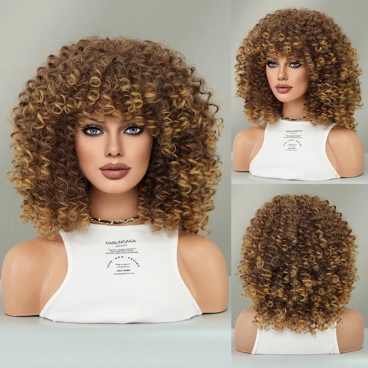 Black female spring curly short curly hair honey golden brown bangs synthetic synthetic African wig