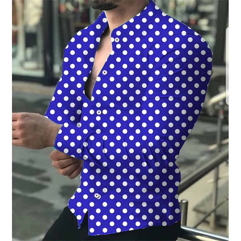 New men's shirt with polka dot 3D printed long sleeved shirt for social parties, comfortable and soft fabric shirt for men