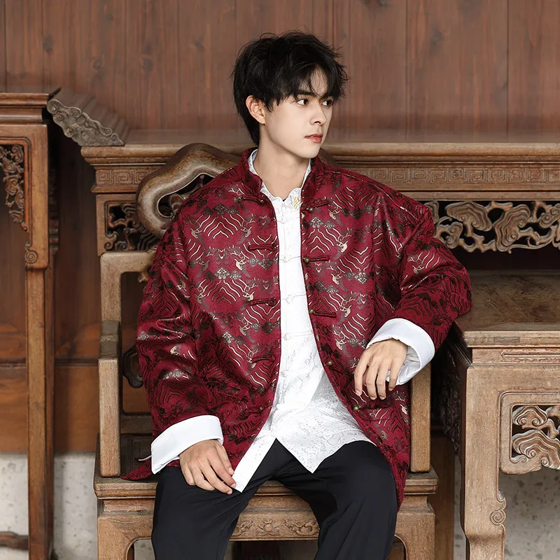 

Men's Stand Collar Jaet Embroidered Silk Sea Pattern Couples Outerwear Autumn Winter Stand Fit Long Sve Thiened