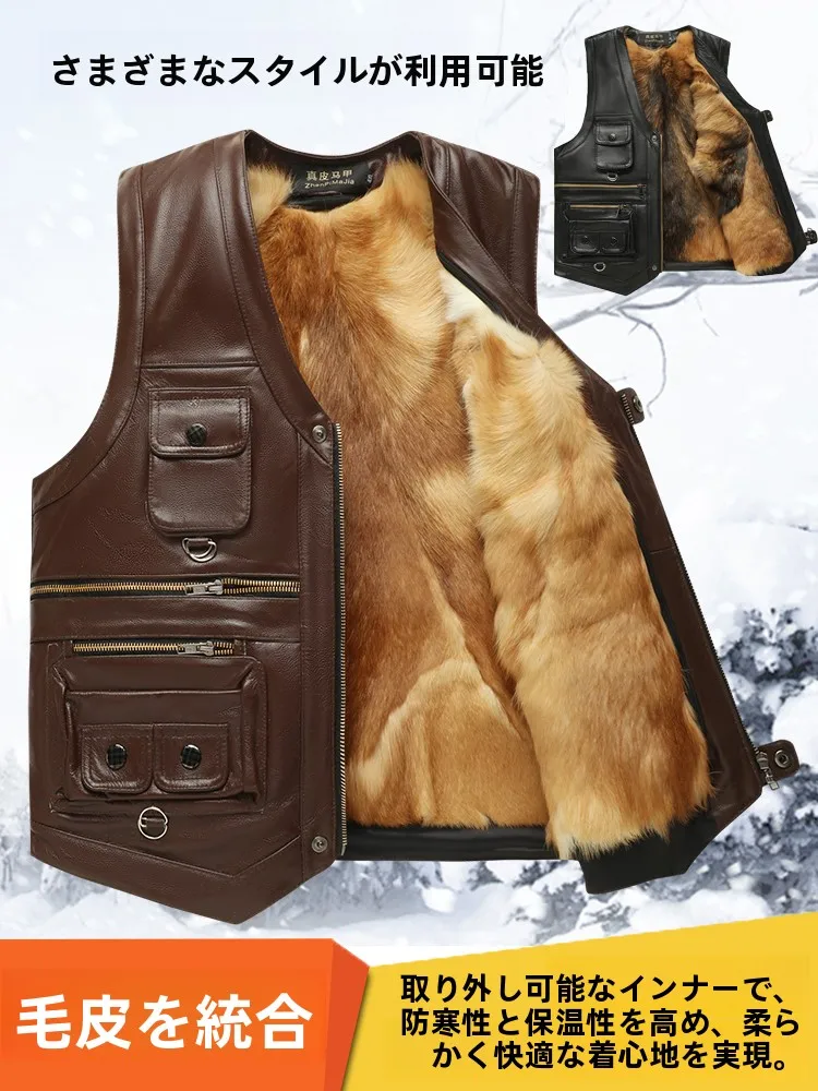 Genuine Leather Vest Men's Mid-Aged Autumn Winter Top Layer Cowhide Multi-Pocket Casual Father's Style Winter WarmthYY33