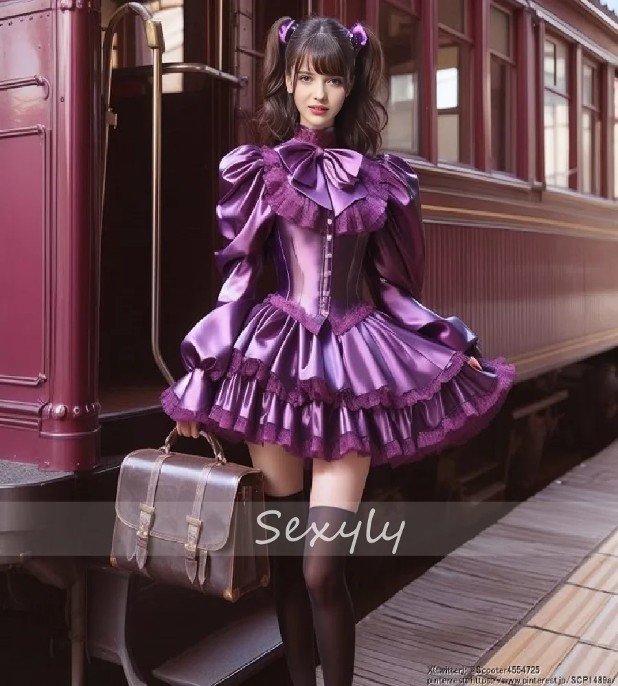 

Sexy Purple Short Evening Dress Costume Cosplay Mini Long Sleeve Prom Dress Lace Ruffles Formal Party Cocktail Dress Customized