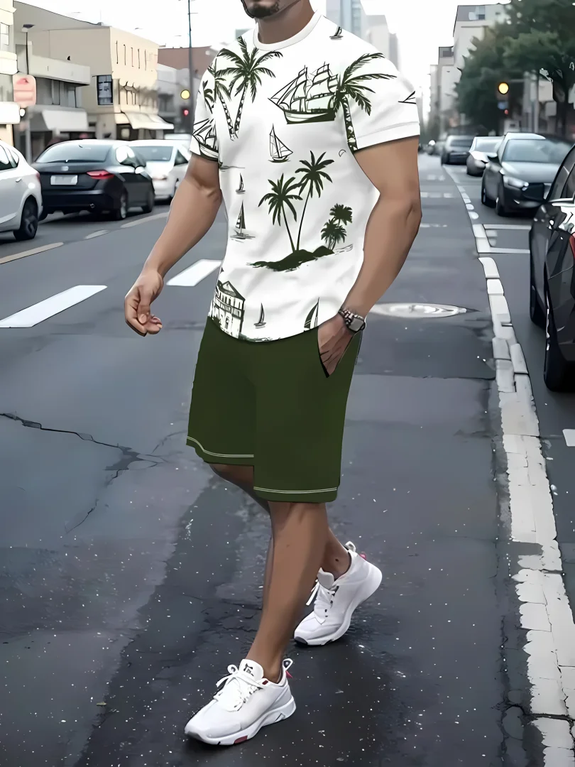 Men's Coconut Tree 3D Printed Short Sleeved T-shirt and Shorts Set, Fashionable Summer Shorts, 2-Piece Set