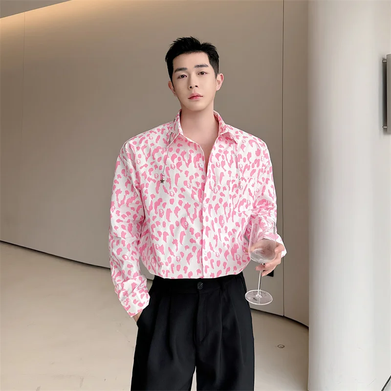 

2024 Spring Autumn Korean Style Printed Shirt For Men Fashion High Street Turn Down Collar Long Sleeve Shirts