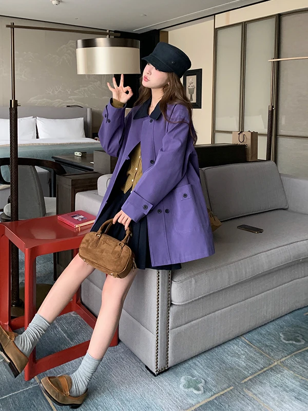 

Spring Autumn ort Sle Women's Jaet Korean Version Casual Color Blo Windbreaker Coat Purple Commute Loose Fit Long Sve