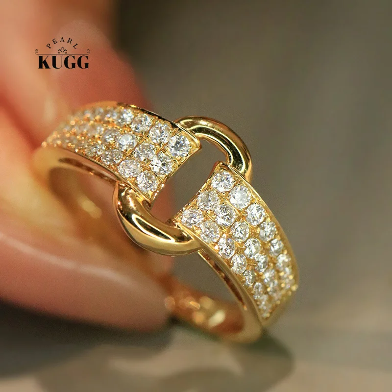 

KUGG 100% 18K Yellow Gold Rings Fine Jewelry Fashion Design 0.50carat Real Natural Diamond Cocktail Ring for Women Wedding