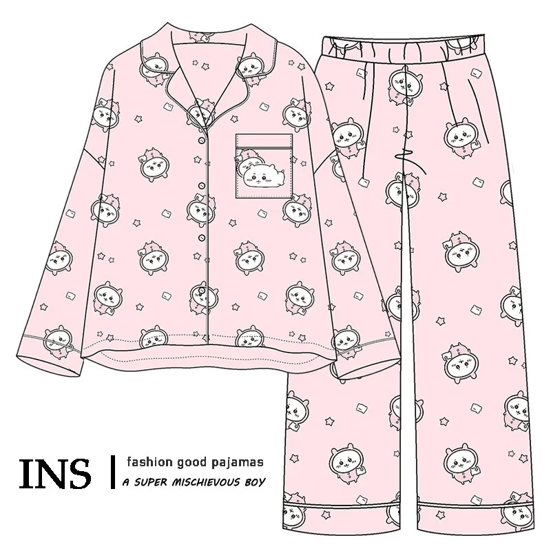 Anime chiikawa peripheral pajamas for women Usaki long-sleeved cute cartoon student couple home clothes set